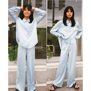Lisa Says Gah Bailey Button Down Shirt & Wide Leg Pants Sleepwear Set Blue XS